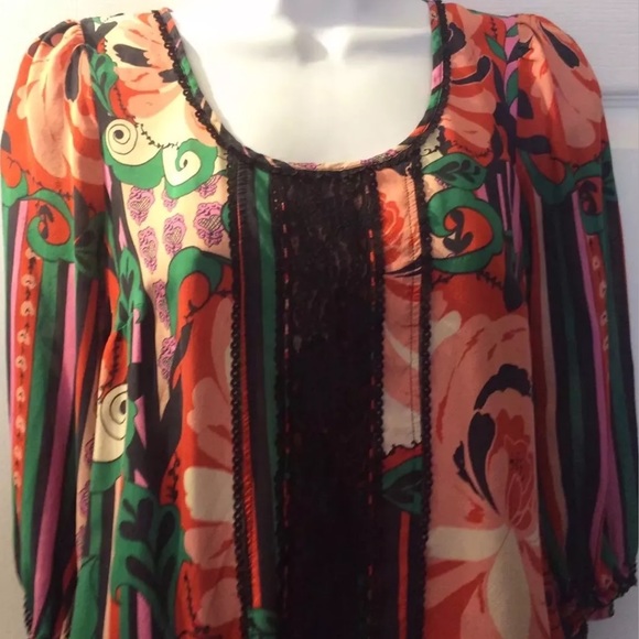 Anthro ODILLE Minted Melon Silk Blouse Lace Trim Colorful Top Shirt Pink Green - Picture 5 of 8